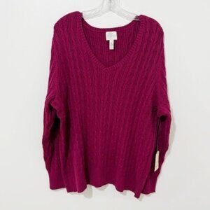 St. John's Bay Classic Cable Knit Sweater V-Neck in Berry Crush Size 3X